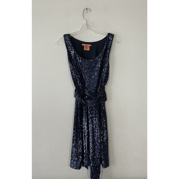 Tory Burch Sequin Dress Size Medium Alton Blue Belted Sparkle Evening Glam - Picture 2 of 9